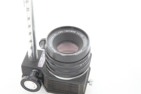 Pentax 100mm f4 Super-Multi-Coated BELLOWS-Takumar with bellows and hood